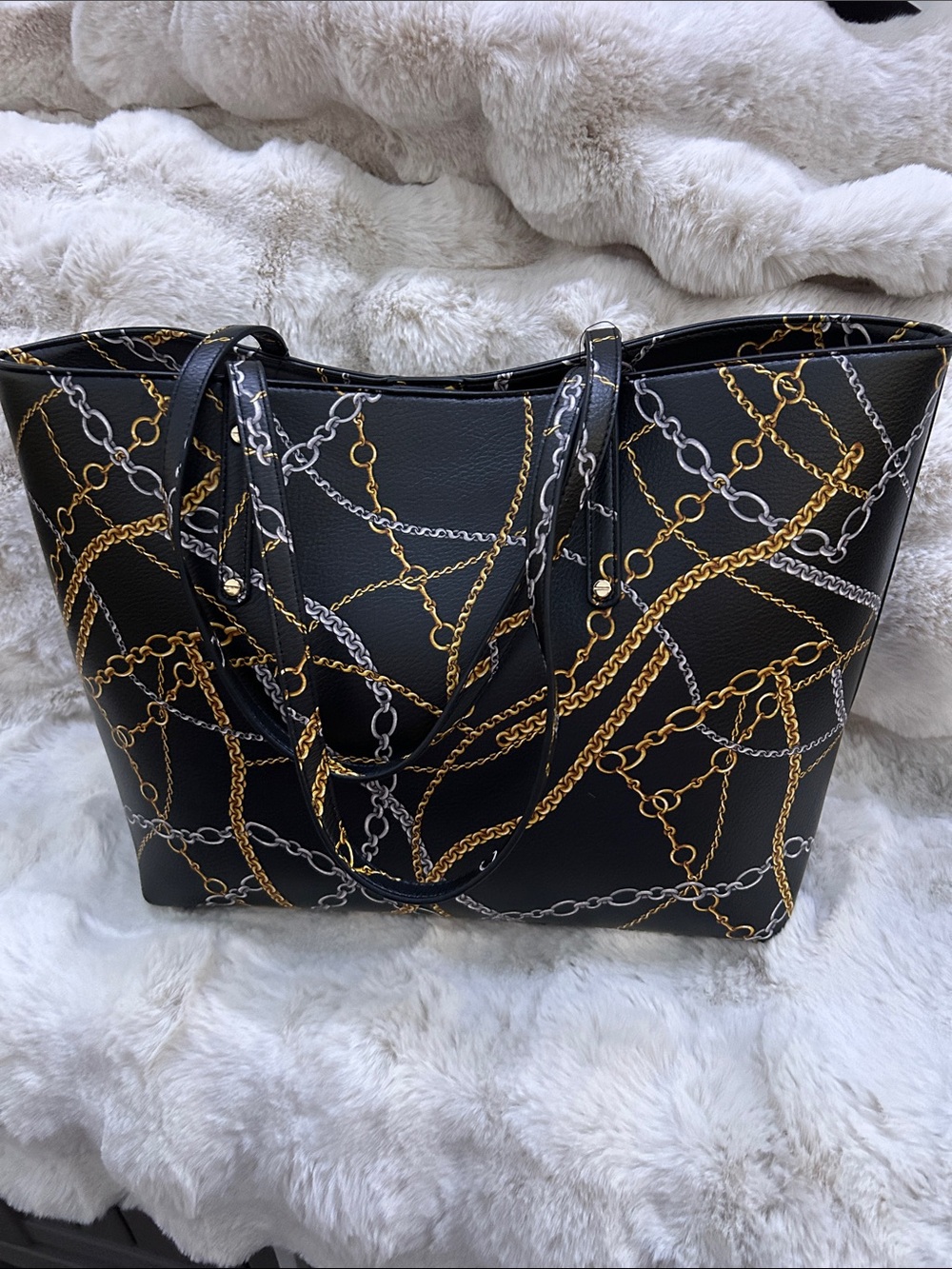 INC International Concepts Zoiey 2-in-1 Chain Print Tote Bag - Black/Gold/Silver